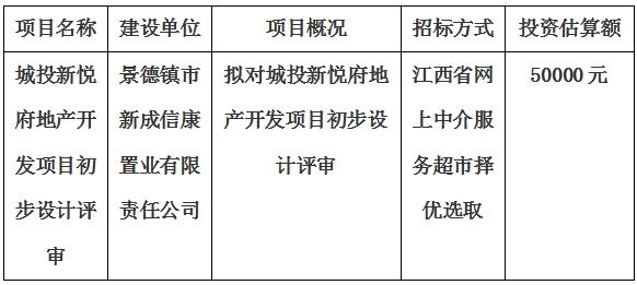 城投新悅府地產(chǎn)開發(fā)項目初步設(shè)計評審計劃公告