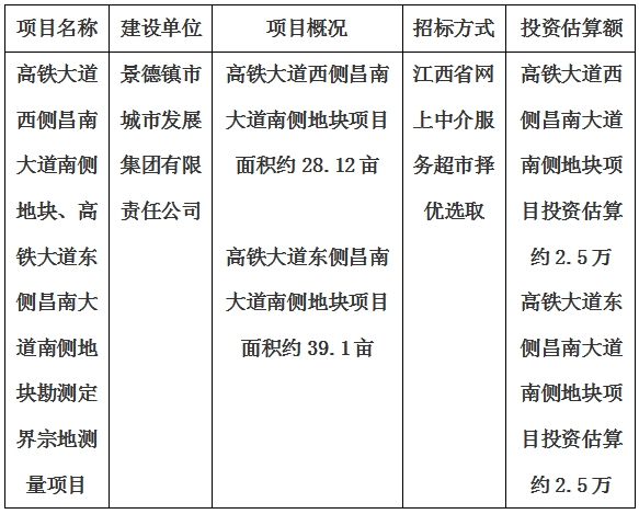景德鎮(zhèn)市高鐵大道西側(cè)昌南大道南側(cè)地塊、高鐵大道東側(cè)昌南大道南側(cè)地塊勘測定界宗地測量項目計劃公告