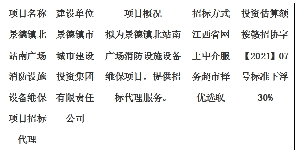 景德鎮(zhèn)北站南廣場消防設施設備維保項目招標代理計劃公告