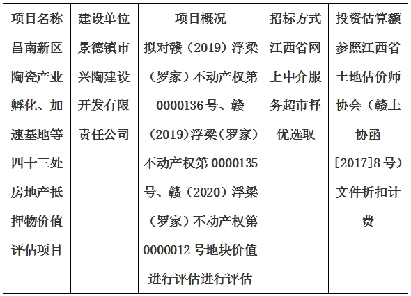 昌南新區(qū)陶瓷產(chǎn)業(yè)孵化、加速基地等四十三處房地產(chǎn)抵押物價(jià)值評估單位選取計(jì)劃公告