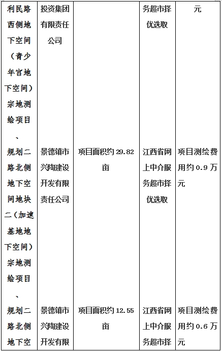 景德鎮(zhèn)市昌南新區(qū)LJ1-03-A01-1地塊、瓷都大道東側(cè)中渡口地下空間（格蘭云天大酒店地下空間）、光明大道北側(cè)利民路西側(cè)地下空間（青少年宮地下空間）、規(guī)劃二路北側(cè)地下空間地塊二（加速基地地下空間）、規(guī)劃二路北側(cè)地下空間地塊一（加速基地地下空間）、景德大道南側(cè)天寶橋西側(cè)地塊、景興大道東側(cè)如意路北側(cè)地下空間(社會公共服務(wù)