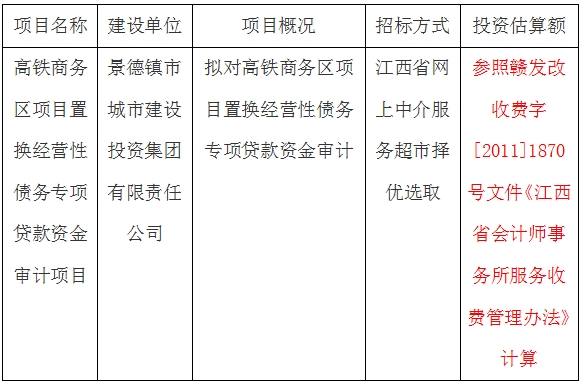 高鐵商務(wù)區(qū)項目置換經(jīng)營性債務(wù)專項貸款資金審計項目計劃公告