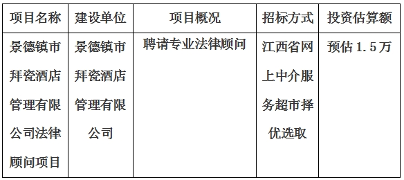 景德鎮(zhèn)市拜瓷酒店管理有限公司法律顧問項目計劃公告