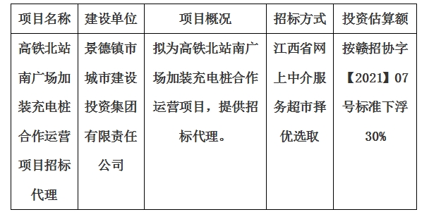 高鐵北站南廣場加裝充電樁合作運營項目招標代理計劃公告