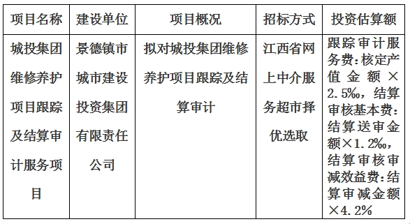 城投集團維修養(yǎng)護項目跟蹤及結算審計服務項目計劃公告